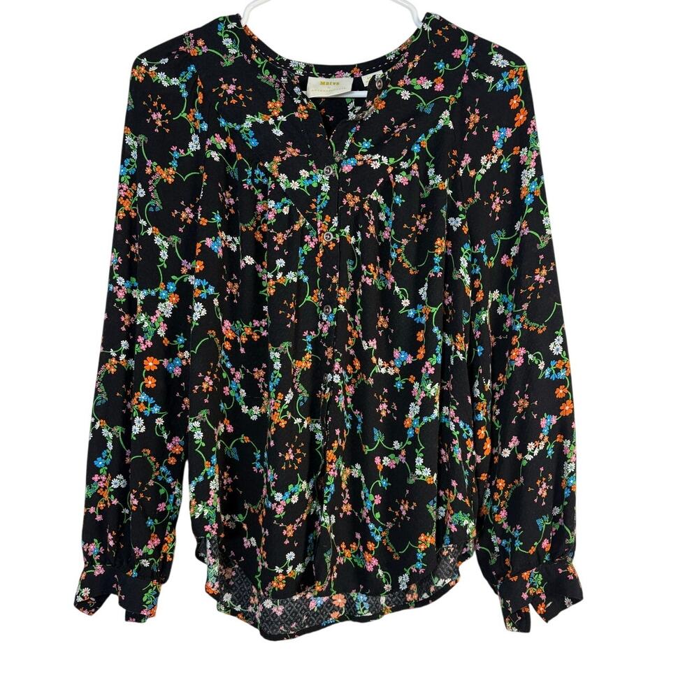 Anthropologie Maeve Black Floral Button Down Blouse Long Sleeve Top Size Small